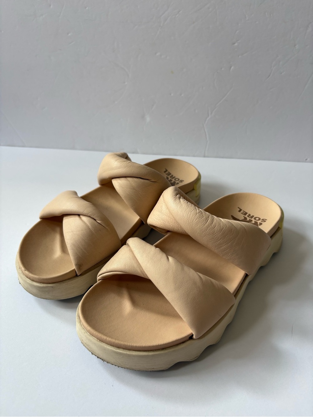 Sorel Viibe Twist Sandal 9 Blush Nude Pink‎ Leather Slide Platform Shoe Chunky